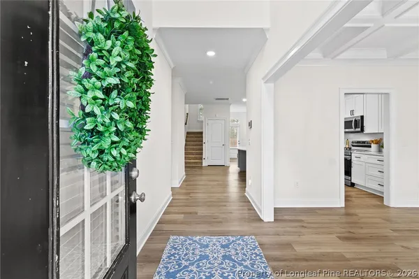 en view of a hallway with wooden floor and a potted plant