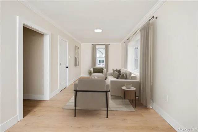 a living room with furniture a window and a potted plant