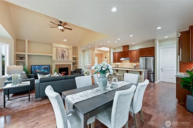a view of a dining room with furniture