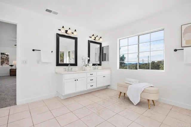 a bathroom with a sink vanity and mirror