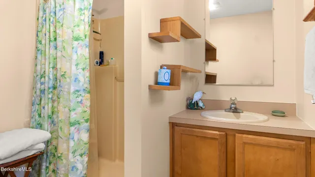 a bathroom with a sink a mirror and a shower curtain