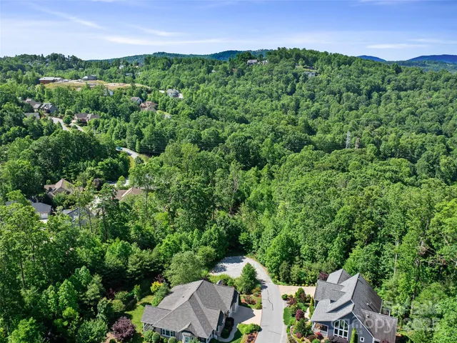 an aerial view of a houses with a lush green hillside