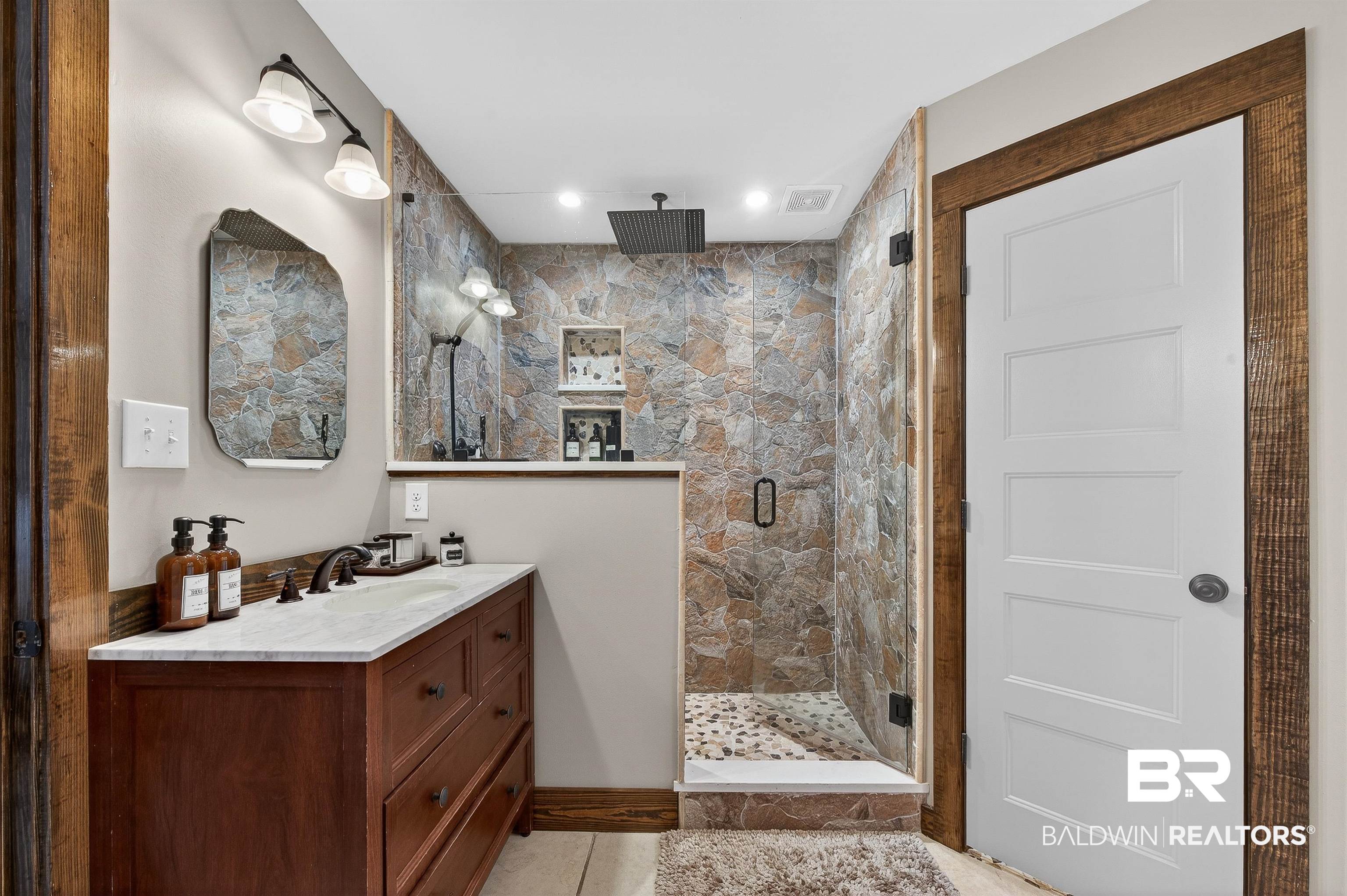 29635 Gardner Road Elberta, AL 36530 - Photo 29 of 66 Bathroom with vanity, a stall shower, and recessed lighting