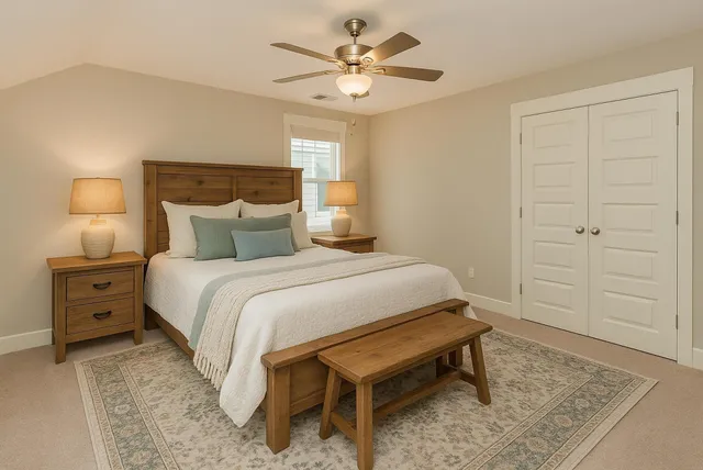 a bedroom with a bed and a night stand