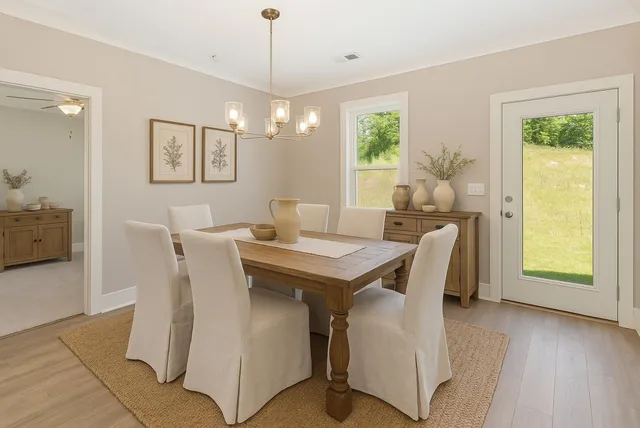 a view of a dining room with furniture and window