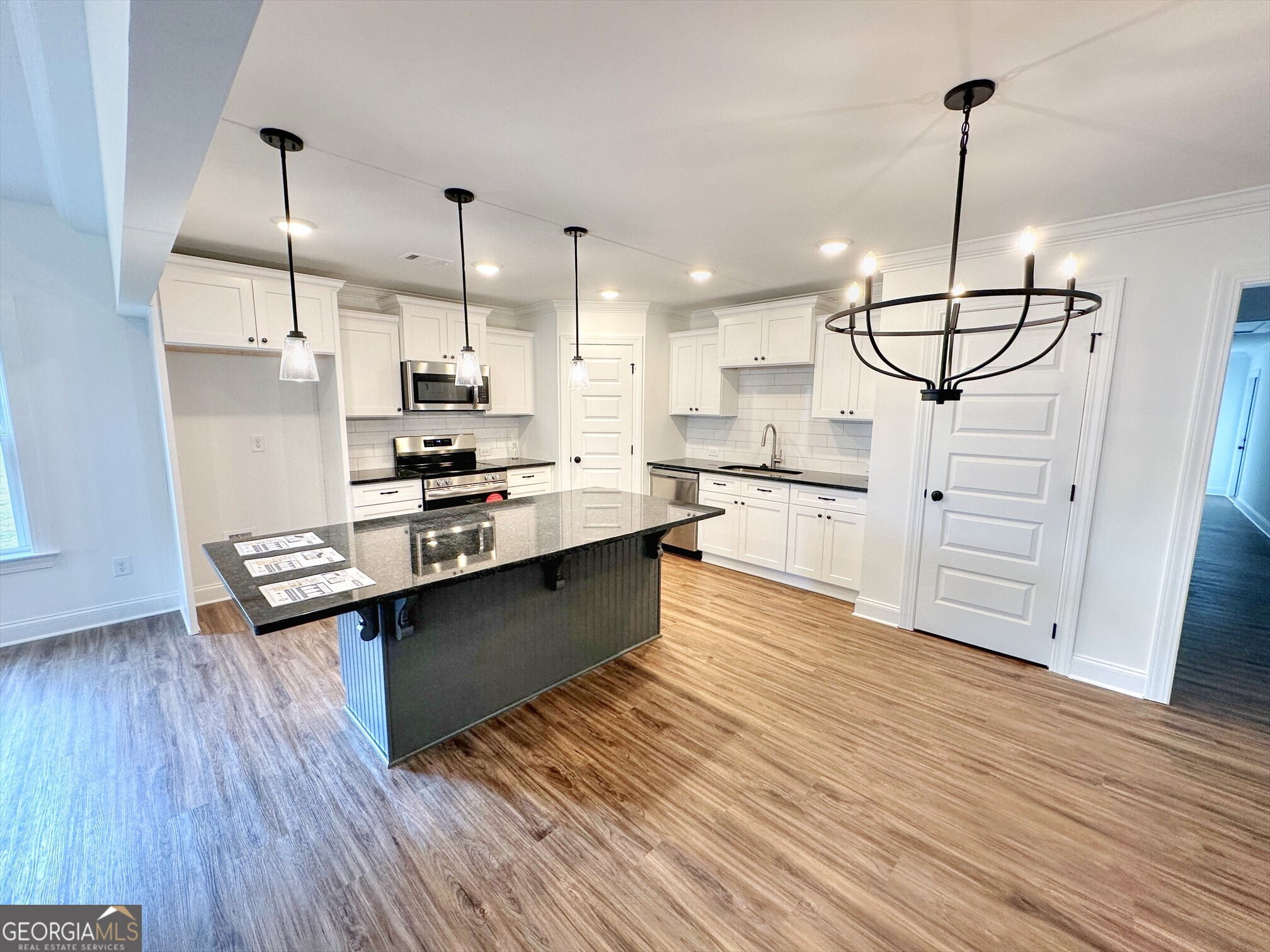 11 River's Edge Lane Franklin, GA 30217 - Photo 7 of 25 a large kitchen with stainless steel appliances a large counter top a sink a refrigerator and wooden floors