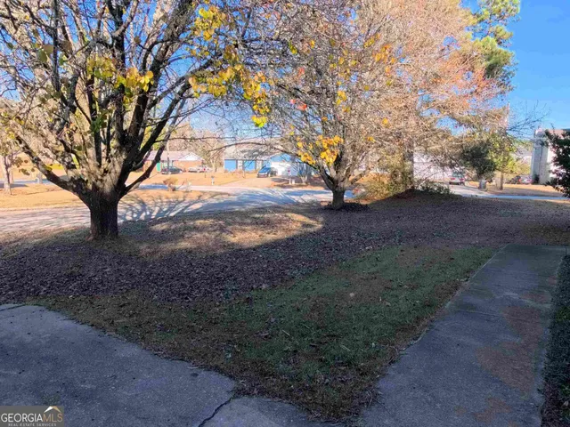 a view of dirt yard with a large tree