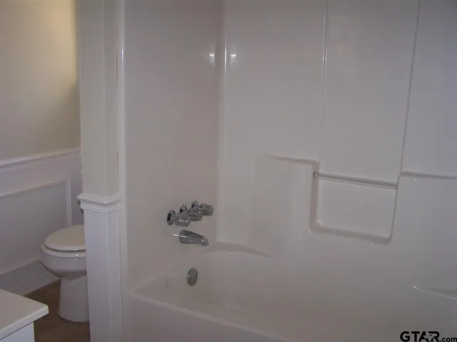 a bath room with a toilet and a bath tub