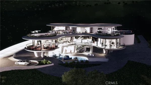 a front view of a house with yard swimming pool and outdoor seating