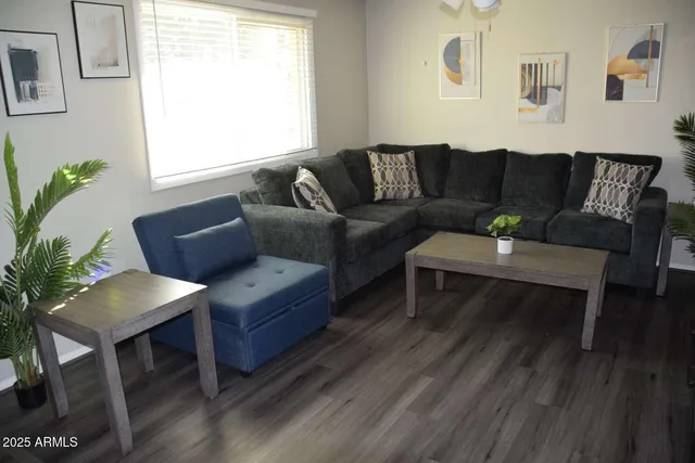 a living room with furniture and a potted plant