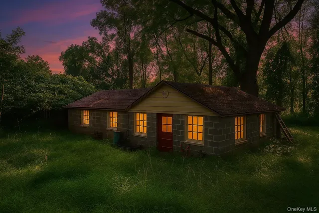 a front view of a house with a yard and green space