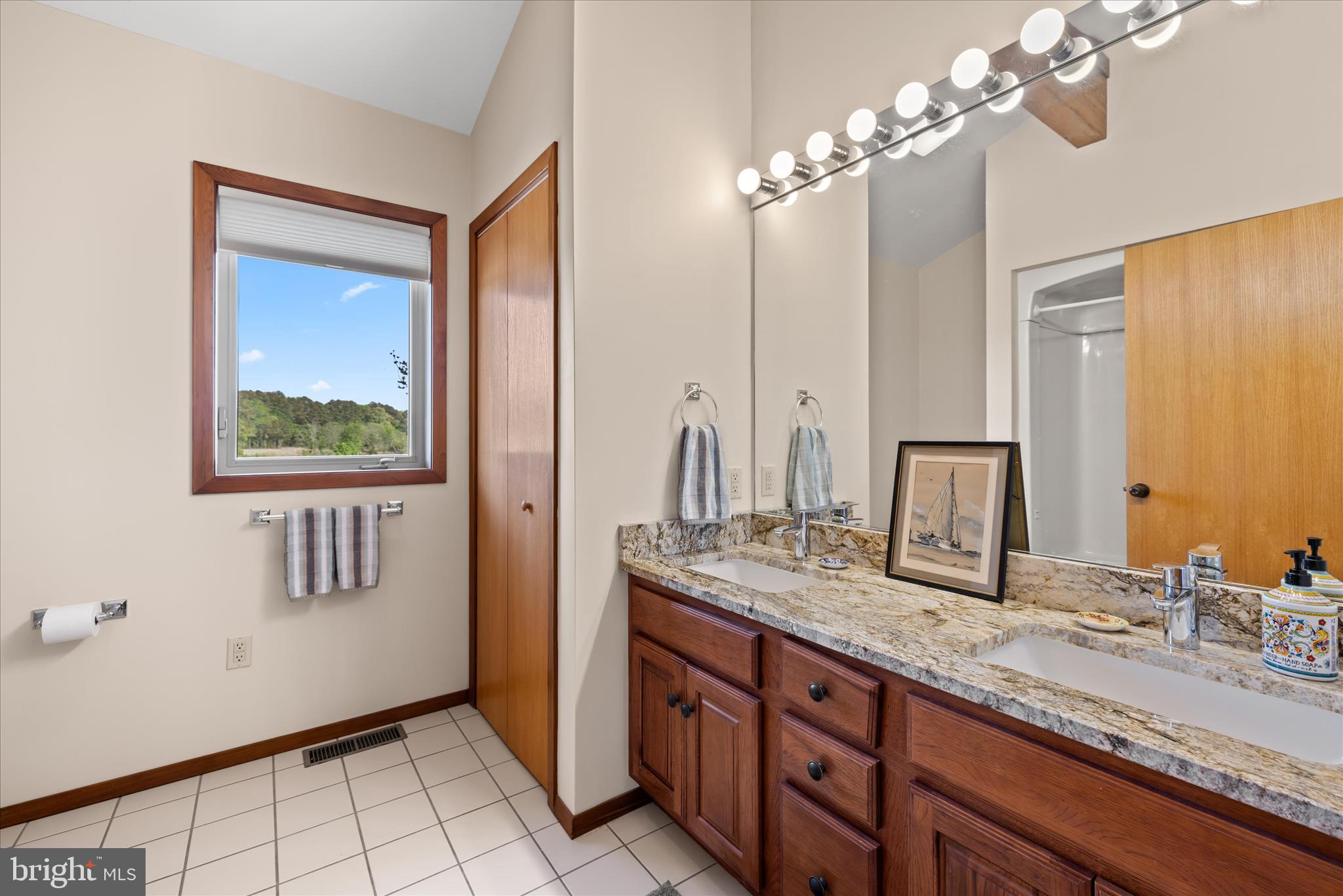 4808 Saltmarsh Lane Madison, MD 21648 - Photo 52 of 119 a bathroom with a granite countertop double vanity sink a mirror a vanity and a shower