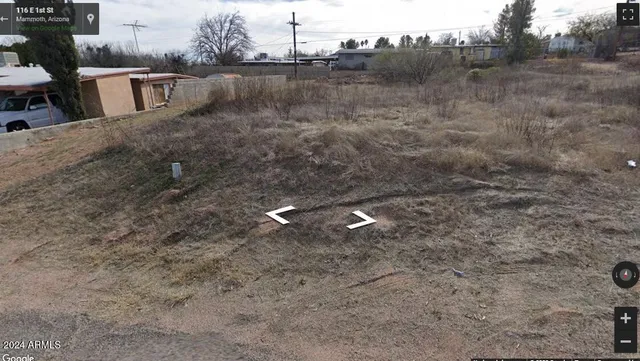 a view of a dry yard with wooden fence