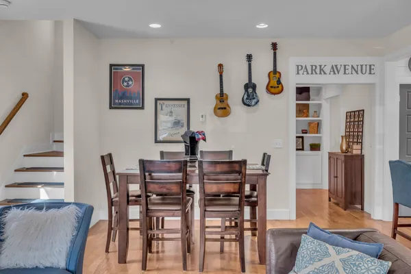 a view of a dining room with furniture
