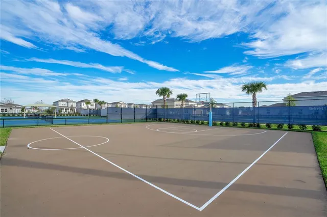 an aerial view of a swimming pool