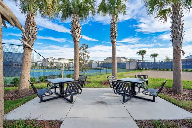 an aerial view of a swimming pool