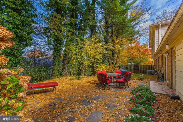 a backyard of a house with table and chairs