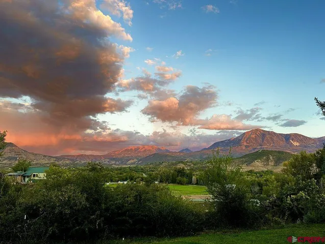 a view of a city with lush green forest