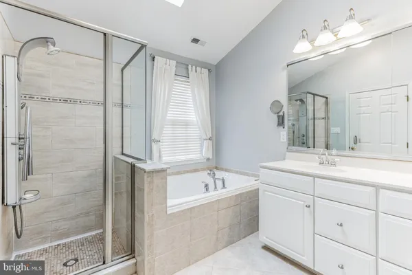 a bathroom with a tub a sink shower and mirror