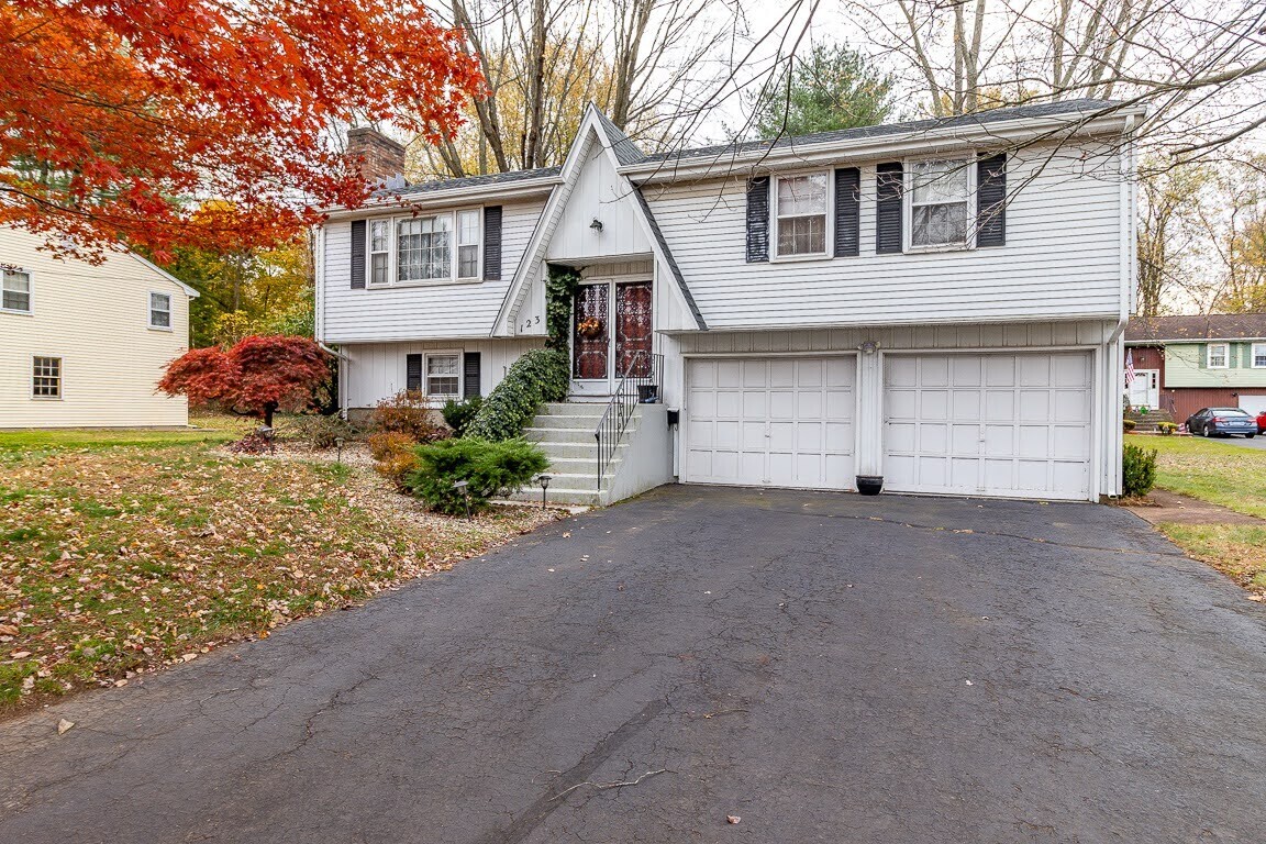 a view of a house with a yard and garage