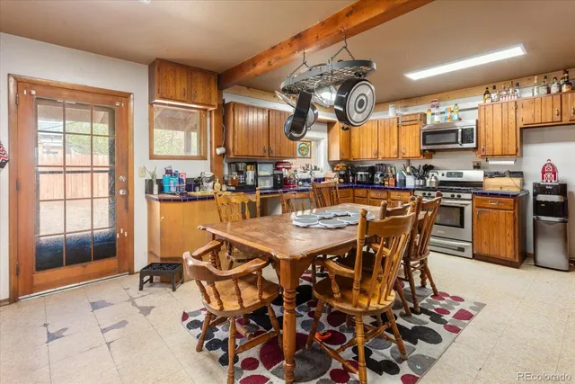 a dining table with chairs and window