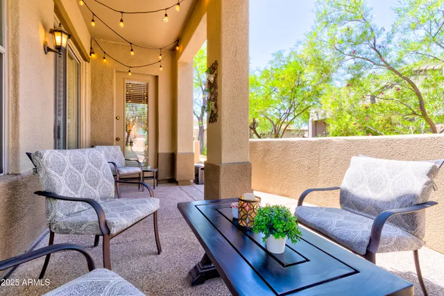 a outdoor living room with furniture and a potted plant
