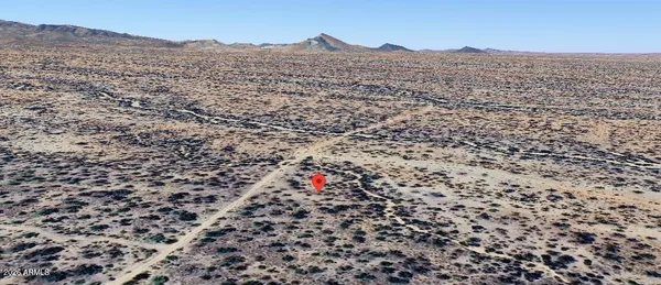 a view of a dry yard and mountains