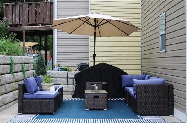 a building outdoor space with patio furniture
