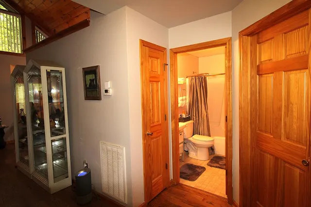 a bathroom with a shower curtain