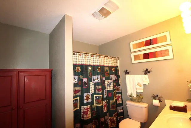 a bathroom with a toilet sink and shower curtain