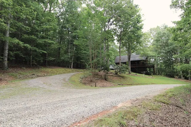 a view of a backyard with wooden fence and a large tree