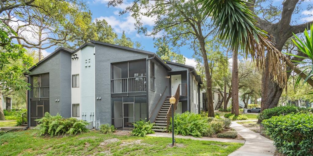 a yellow house with a tree in front of the house