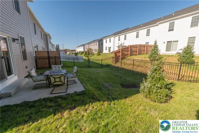a garden view with a seating space