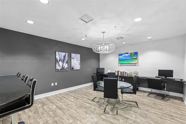 a view of a dining room with furniture