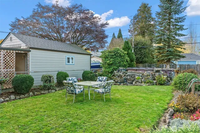 a backyard of a house with table and chairs
