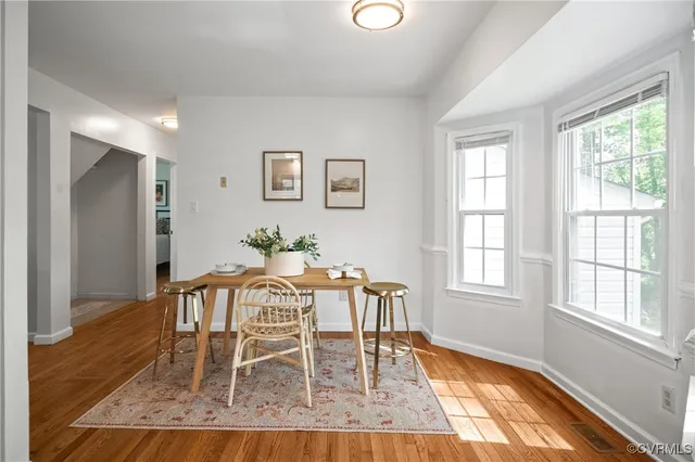 a view of a dining room with furniture and wooden floor