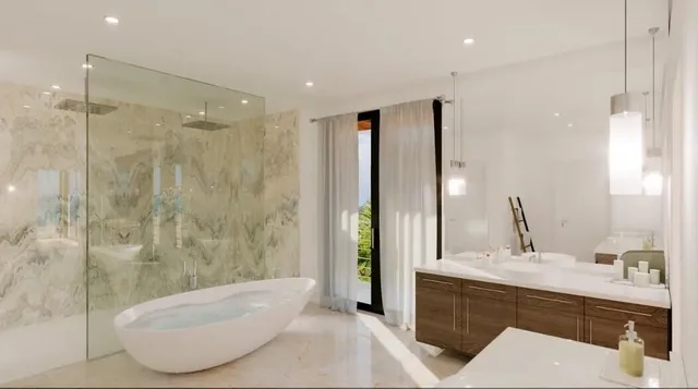 a bathroom with a double vanity sink mirror and bathtub