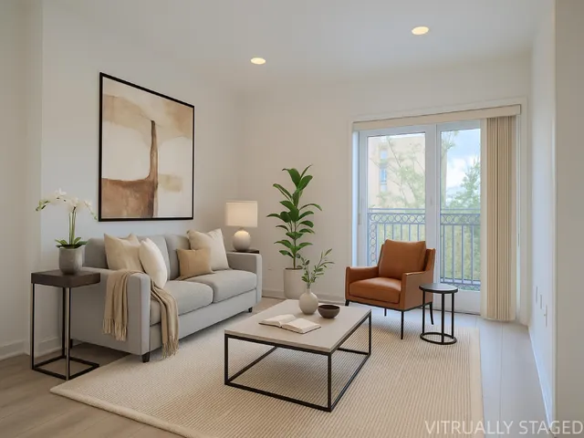 a living room with furniture and a potted plant next to a window