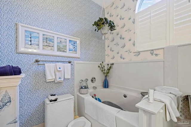 a view of a yard with plants and large trees