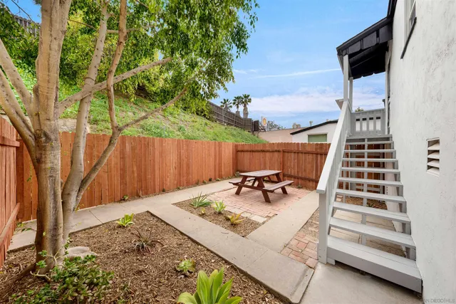 a backyard of a house with table and chairs