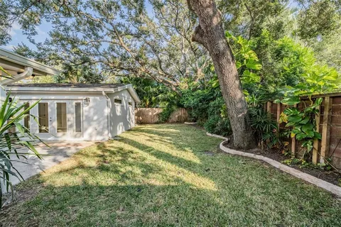a view of a yard with plants and trees