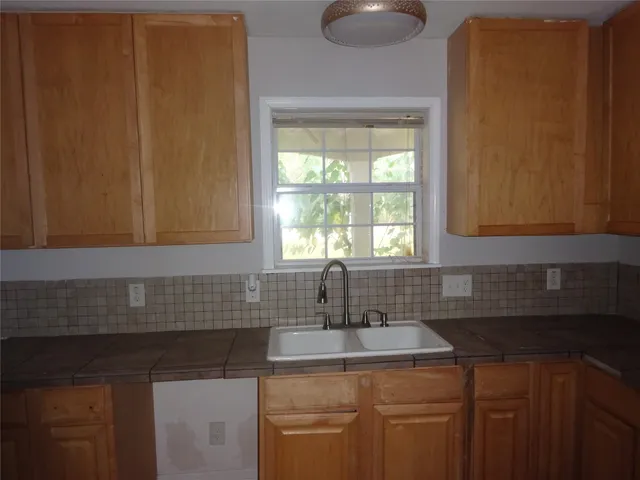 a kitchen with a sink a window and cabinets