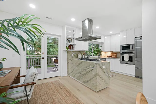 a kitchen with white cabinets stove and refrigerator