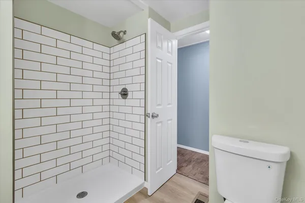 a bathroom with a shower and a toilet