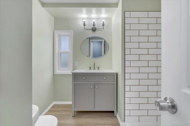 a bathroom with a sink a toilet and mirror