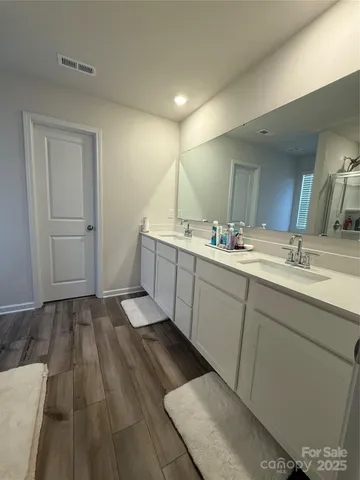 a bathroom with a sink mirror and vanity