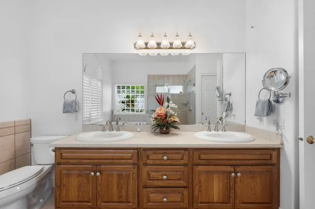 a bathroom with a sink double vanity and a toilet