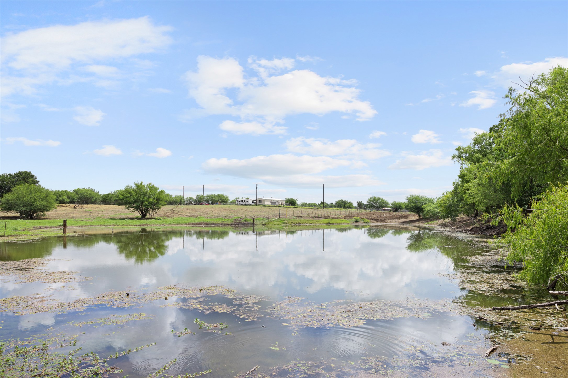 3315 Dry Creek Road Lockhart, TX 78644 - Photo 6 of 26 A tranquil pond reflecting a vast sky provides a serene backdrop to a distant property.
