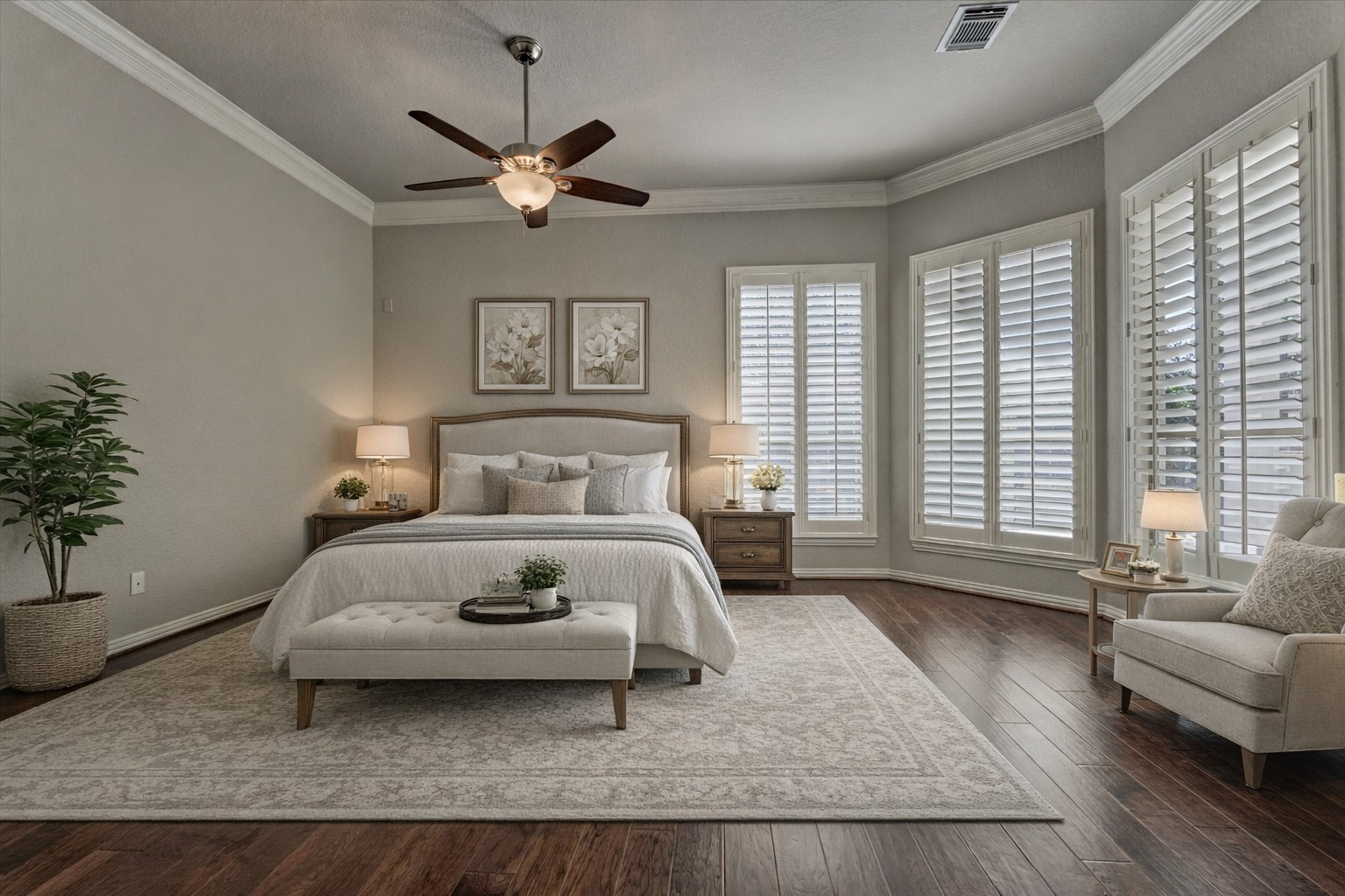 91 West Racing Cloud Court The Woodlands, TX 77381 - Photo 23 of 47 Incredibly spacious primary bedroom with a sitting area and a serene view of the backyard. *This photo is virtually staged*