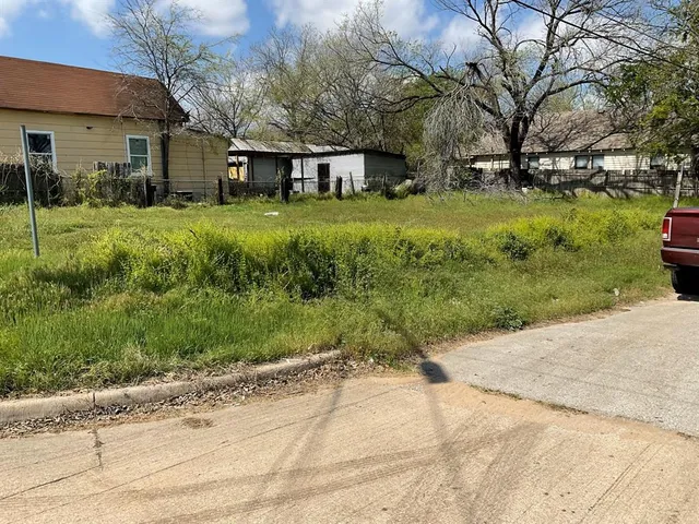 a view of a yard with plants and a fountain
